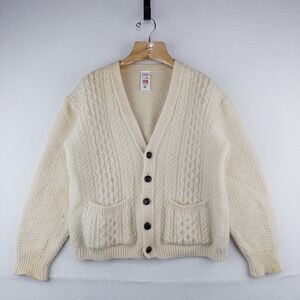 70's Vtg St Michael Aran Chunky Knit Cardigan Fisherman Wool Cream L *Distressed